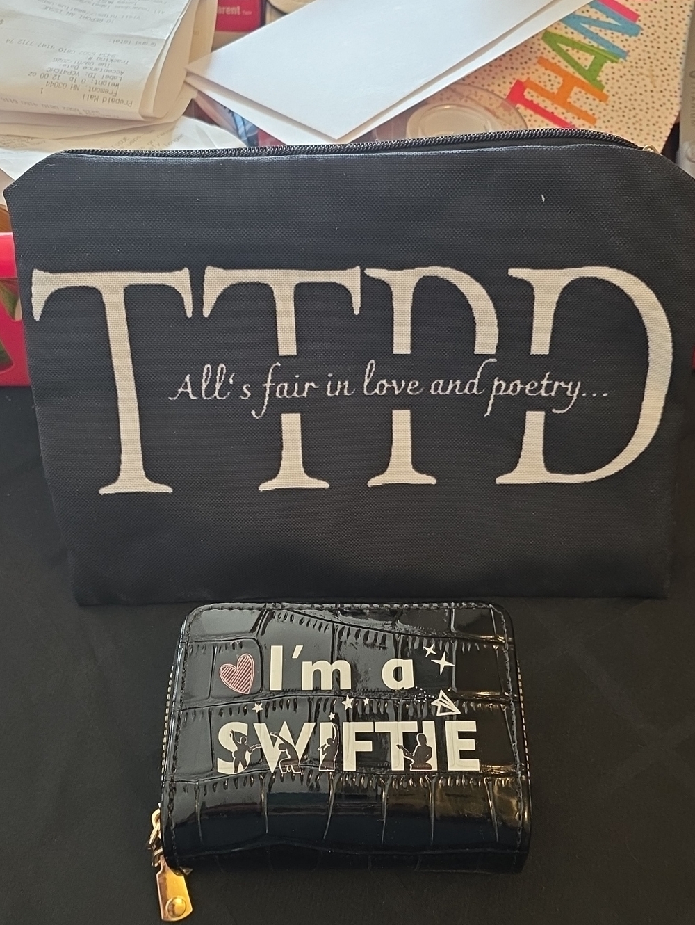 Taylor Swift Black Canvas Travel Pouch and Black Croc-Text Zip Wallet
